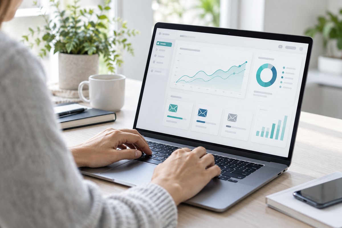 Email deliverability analyst reviewing inbox placement and email performance trends on a laptop