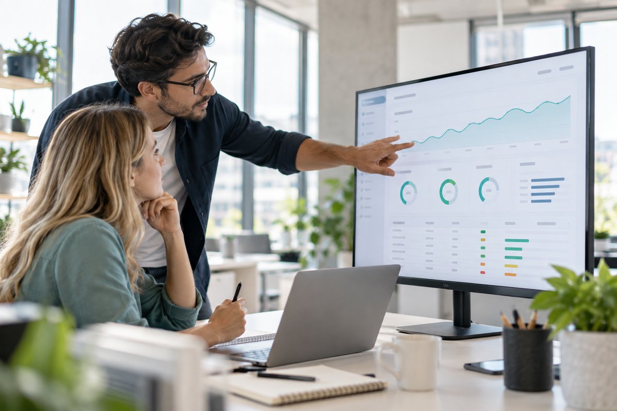 Email operations colleagues reviewing sender reputation trends on a dashboard